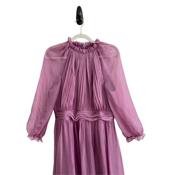 Mac Duggal Chiffon Ruched Illusion Raglan Sleeve Ruffled Gown Lilac Women's 12 - Picture 4 of 10